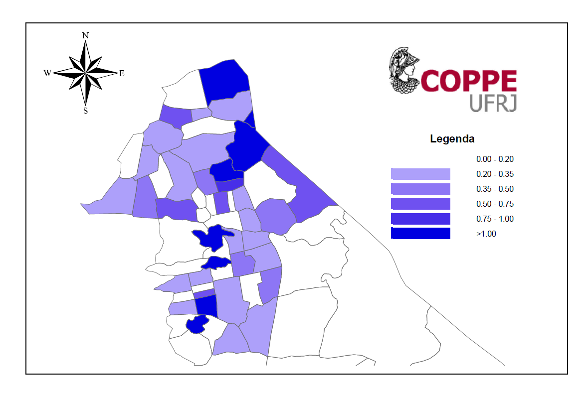 Mapa de inundação resultante da chuva com TR10 anos, para a situação atual da bacia urbana de Riohacha.