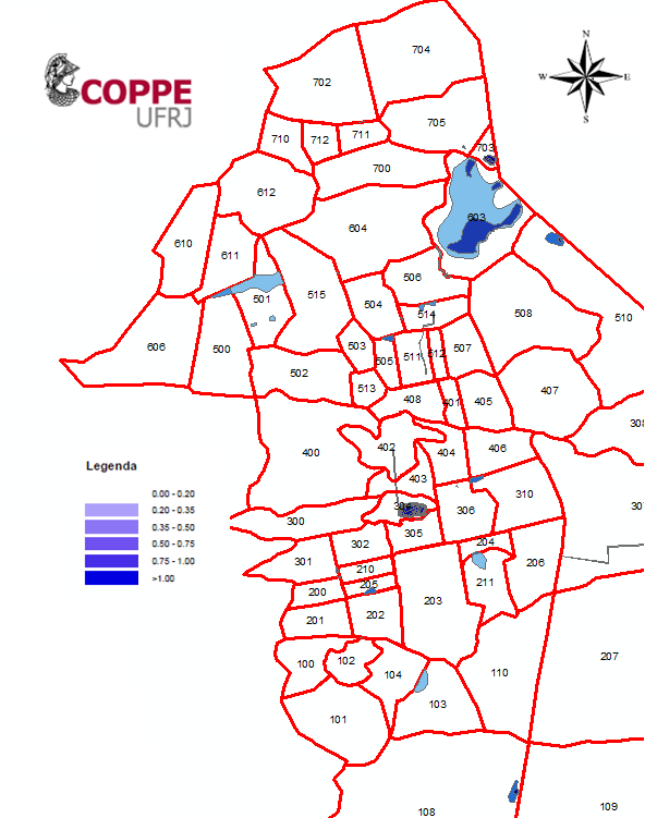 Mapa de inundação resultante da chuva com TR10 anos, para a situação após implementação das soluções previstas na ALT_R2 na bacia urbana de Riohacha.