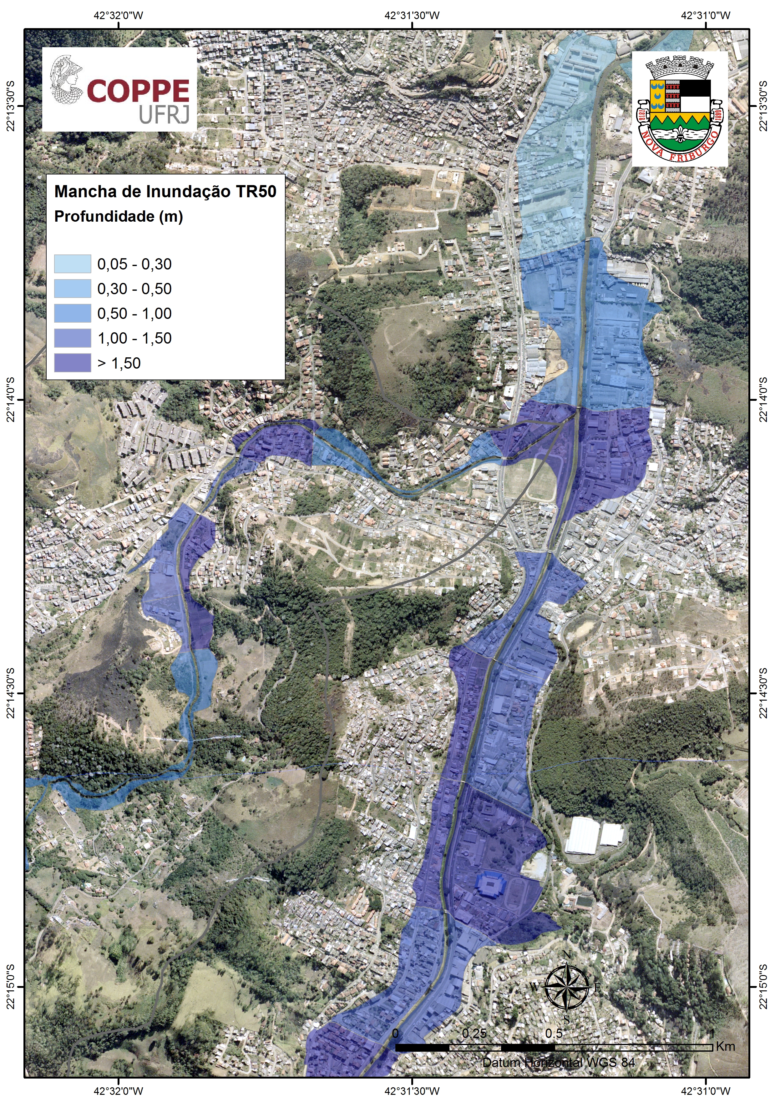 Parte da mancha de inundação para a cidade de Nova Friburgo, elaborada com MODCEL. Plano Municipal de Saneamento Básico, 2014. Fonte: LHC/COPPE - PMNF.
