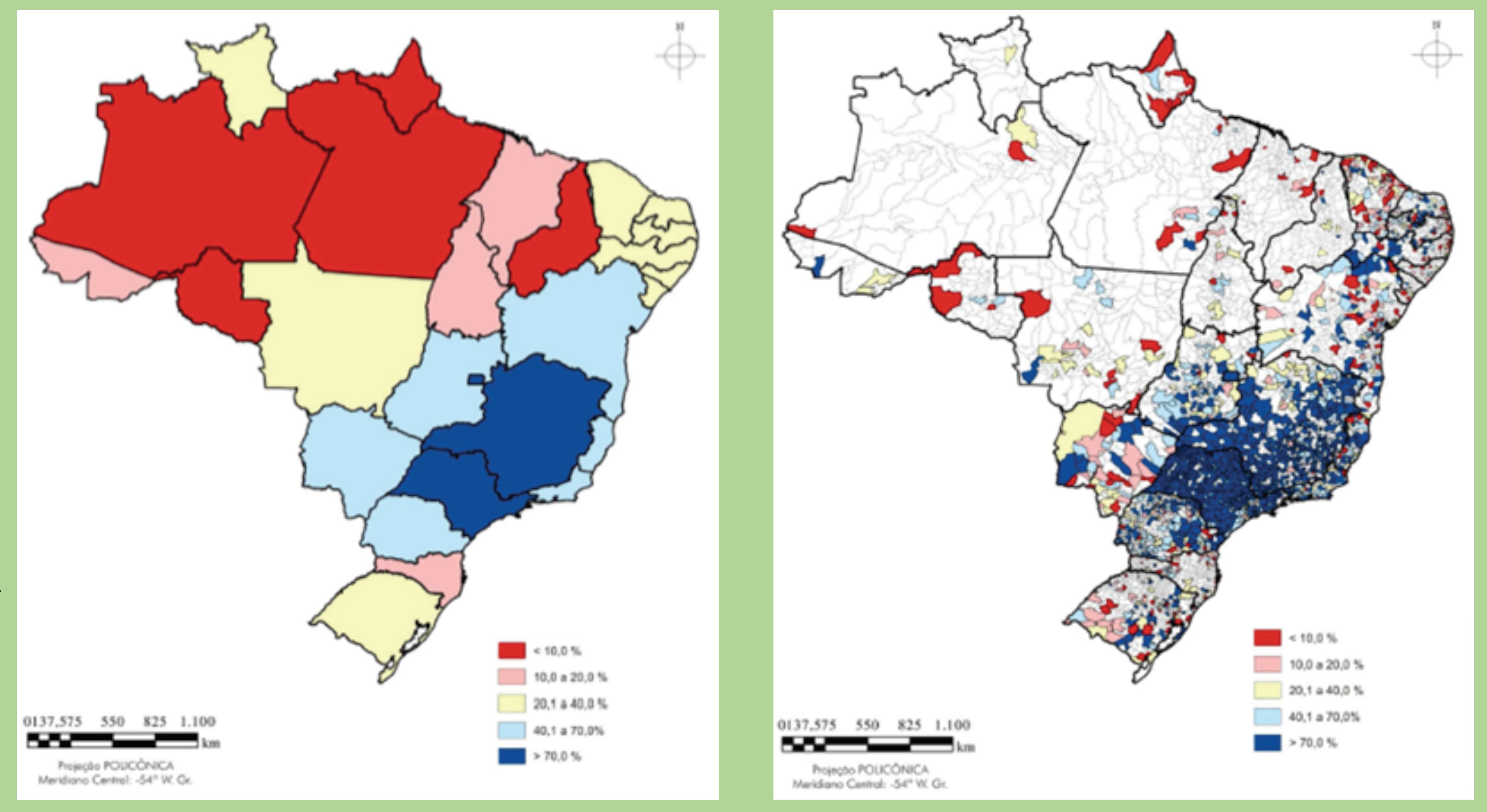 Índice médio de atendimento urbano em estados (esquerda) e municípios (direita) 